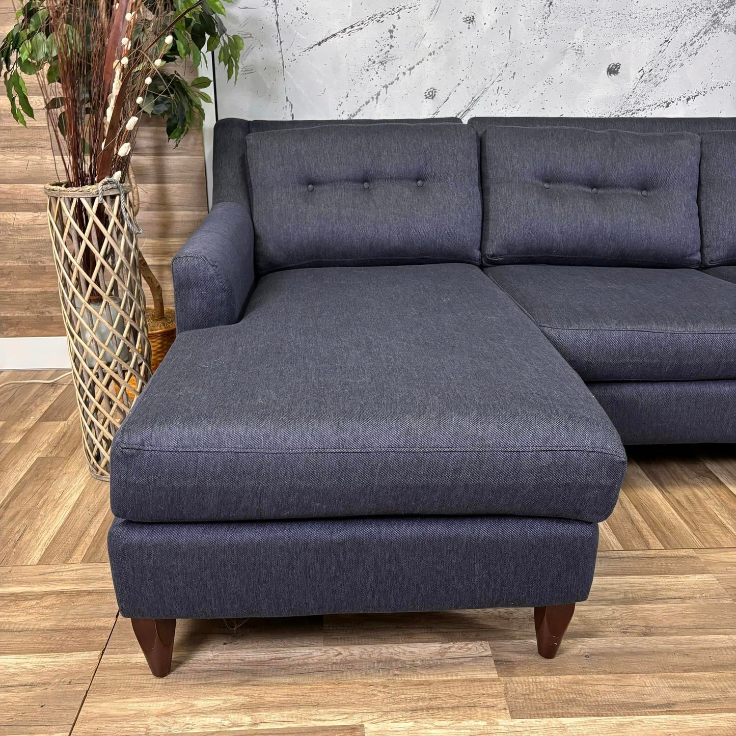 Blue Sectional With Wooden Legs