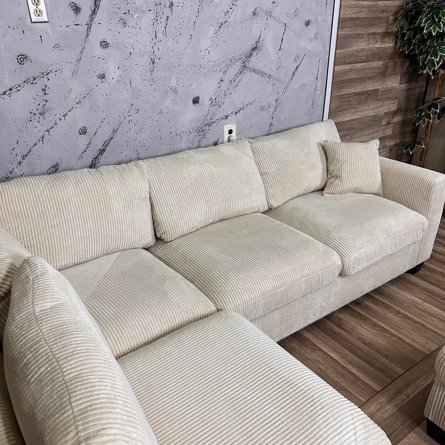 Beige Corduroy Fabric Sectional With Ottoman