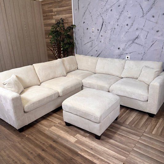 Beige Corduroy Fabric Sectional With Ottoman